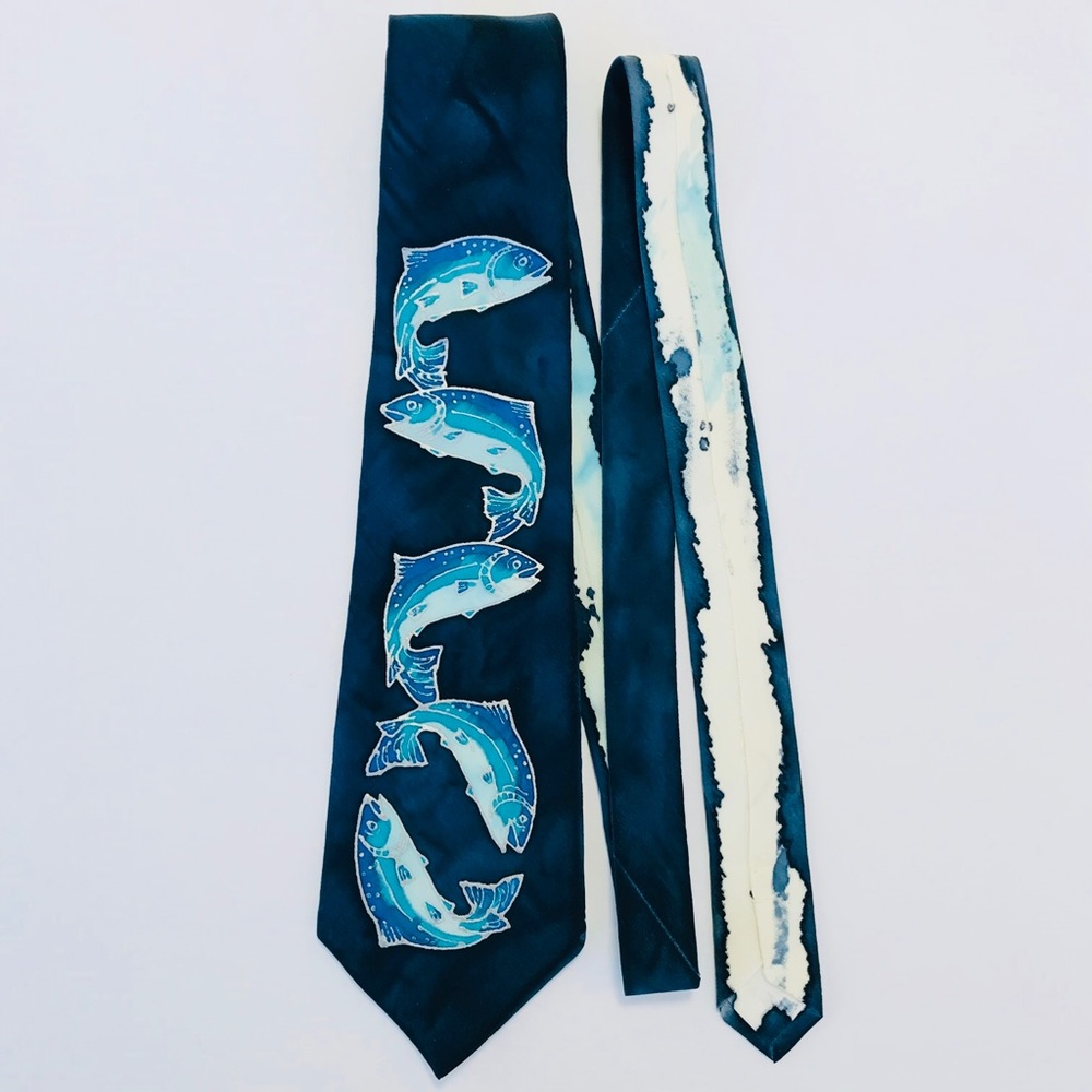 Vintage 60’s Hand Painted Signed Designer Silk Necktie Blue Silver Salmon EUC
